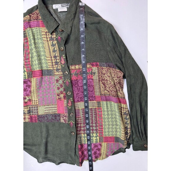 CM Shapes Blouse Womens Large Green Patchwork Rayon Crinkle Boho Artsy - Picture 8 of 11